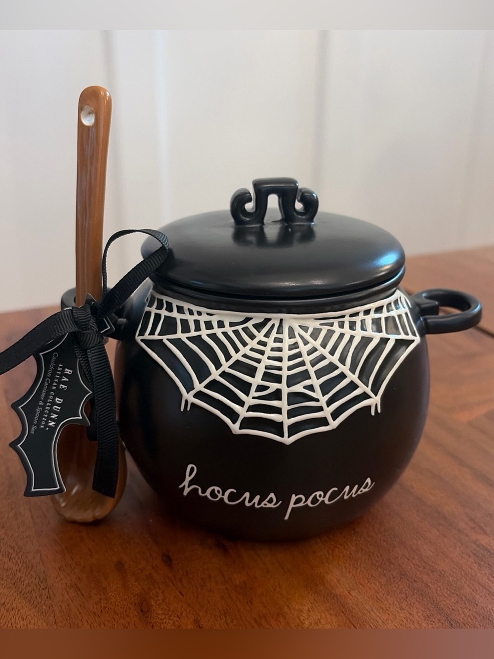 RARE Rae Dunn Hocus Pocus Halloween Cauldron Web Canister Broom Spoon Set NWT